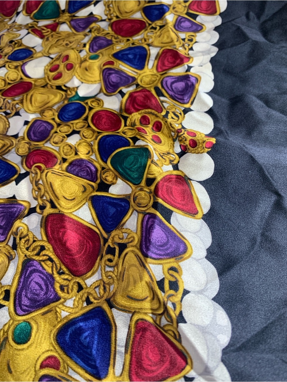 CHANEL Black Silk Scarf with Gold Chain and Gem Motifs - Picture 5 of 16